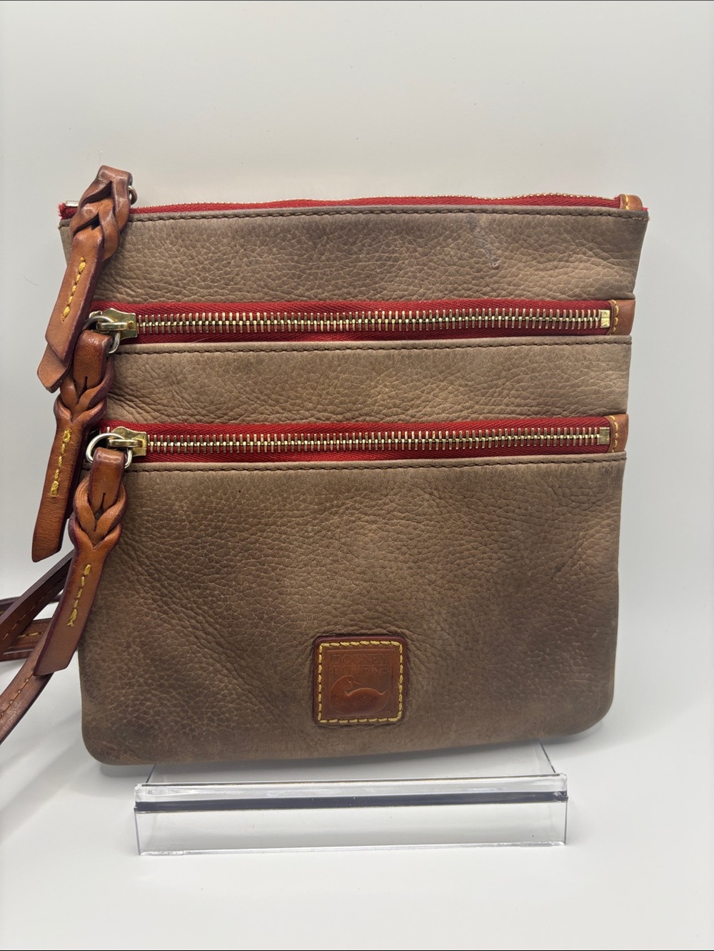 Dooney & Bourke Brown Leather Shoulder Bag with Red Zippers